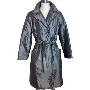 Vtg Forecaster Of BOSTON Sz 9/10 silver Metalic Puffy Long Coat Trench Belted